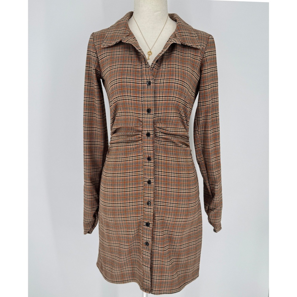Zara Plaid Mini Shirt Dress S Brown Check Ruched Waist Dark Academia Preppy Fall